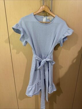 Michael Kors Blue and White Striped Tie-Waist Ruffle Dress
